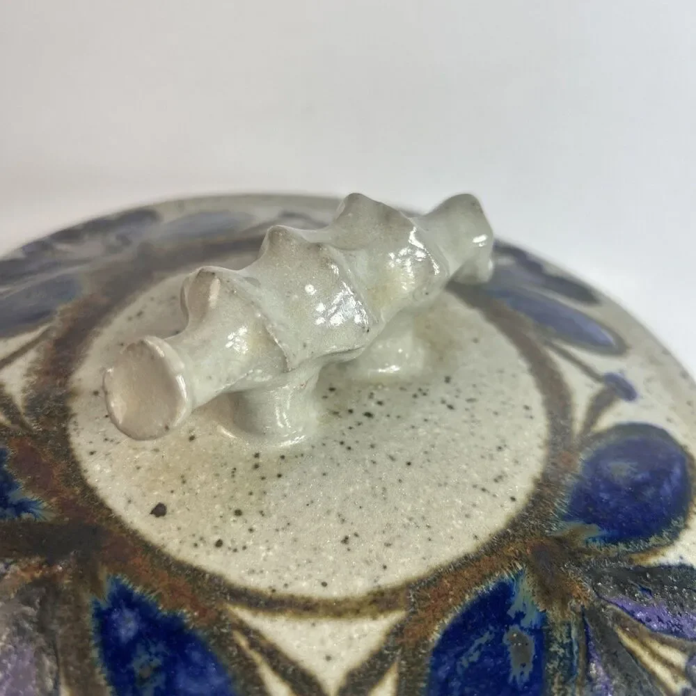 Vintage Studio Art Pottery Stoneware w Lid Blue Purple Speckled Brown Signed 9”